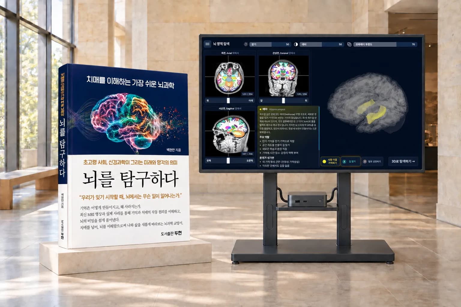 AI-generated illustrative scene of the book behind MR.Brain-Edu standing beside the kiosk in a bright exhibition hall