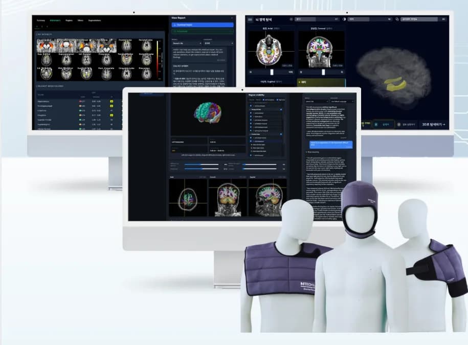 MTechLab BrainDS AI analysis on three monitors beside mannequins wearing High-K dielectric MRI pads